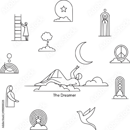 minimalist line art dreamer with floating ideas and aspirations illustration
