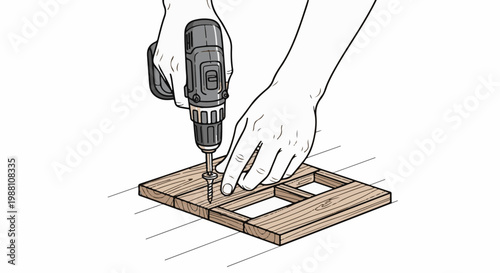 Hands using a power drill to fasten a screw into wooden planks