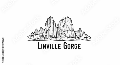 Hand-drawn black and white illustration of rugged, layered rock formations
