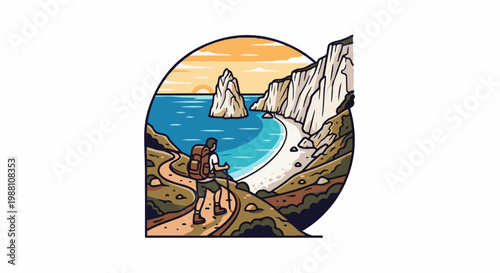 Hiker with backpack views ocean, beach, and cliffs at sunset