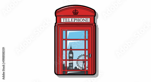 Iconic red telephone booth with London skyline silhouette
