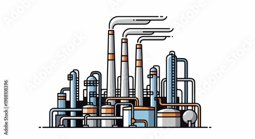 Industrial refinery with smokestacks and complex piping system