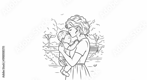 Tender mother kisses sleeping baby in a park setting with trees and birds