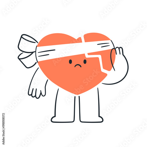 Broken heart character with bandage for healing, recovery from love relationship problem. Sad upset heartbroken valentine. Heartbreak concept. Flat vector illustration isolated on white background