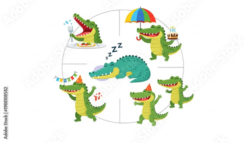Funny crocodile collection with umbrella birthday and dancing vector