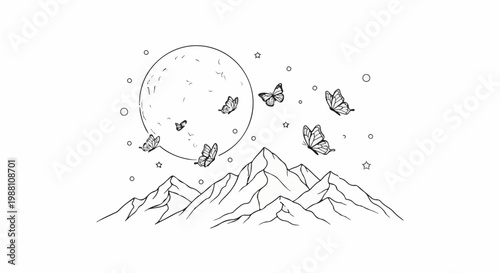 Whimsical mountains under moonlit sky with fluttering butterflies