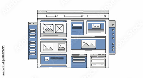 Wireframe sketches of multiple overlapping website page layouts
