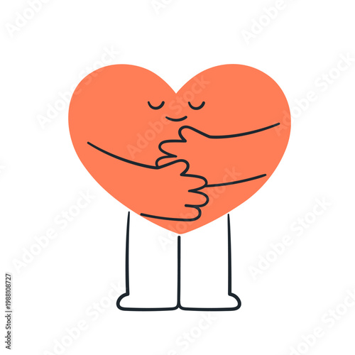 Happy heart character hugging itself. Self love, care and acceptance, psychol...