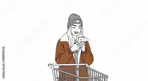 Woman in winter coat and beanie uses phone at grocery cart
