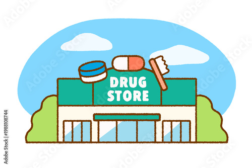 薬局の外観イラスト｜調剤薬局・店舗・医療施設・建物