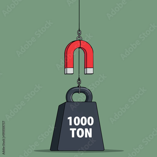 Industrial magnet lifting heavy 1000 ton weight with hook on green background vector illustration concept