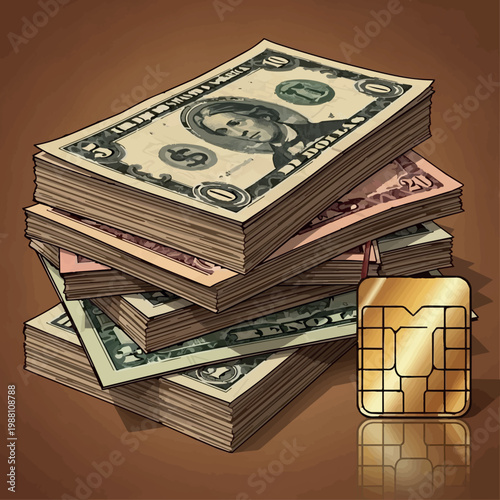 Stack of United States dollar bills with gold chip card financial technology vector illustration