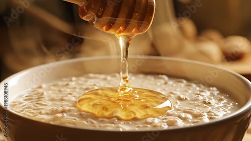 Golden honey dripping from dipper into hot oatmeal bowl for breakfast