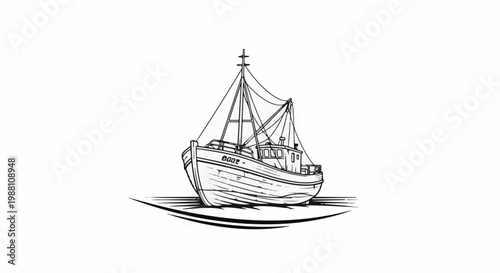 Hand-drawn black and white illustration of a fishing trawler on choppy water