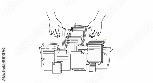 Hands sort through a large, messy pile of documents