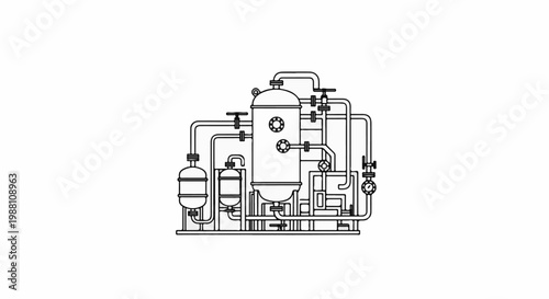 Industrial distillation unit with interconnected tanks, pipes, and valves