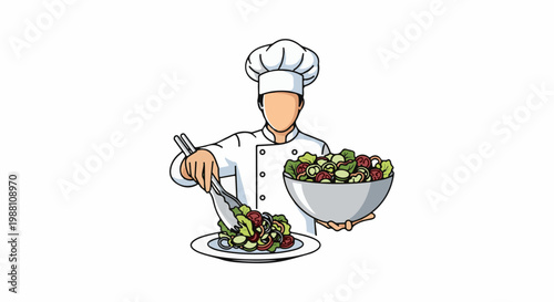 Chef plating fresh salad from a large bowl onto a white plate