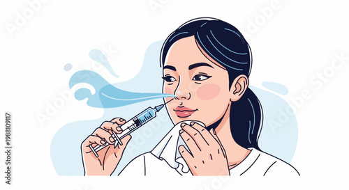 Person irrigating nasal passage with syringe and cloth