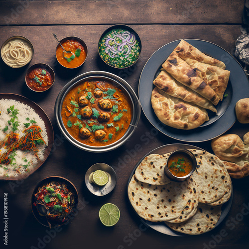 Indian food close-up on the wooden table.  Top view. Generative AI