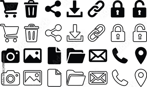 Black silhouette icons set shopping security communication and location symbols