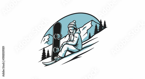 Person in winter gear sitting with snowboard on a snowy slope