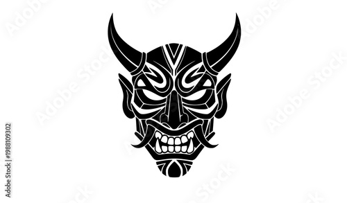 Trendy black tribal demon mask emblem with horns geometric silhouette vector illustration
