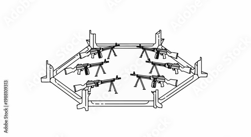 Outline of multiple machine guns arranged in a hexagonal formation