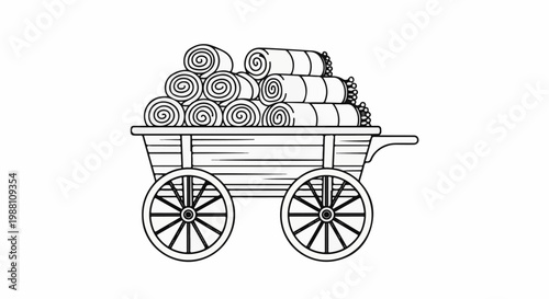 Simple line drawing of a two-wheeled cart filled with rolled hay bales