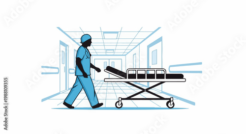 Healthcare worker pushing gurney down sterile hospital corridor