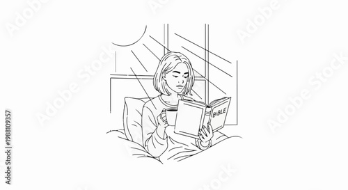 Person reading Bible and holding coffee in bed near window