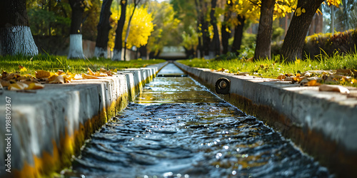 Autumn Water Channel Surrounded by Trees and Falling Leaves