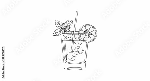 Refreshing beverage with ice, mint, lemon slice, and straw