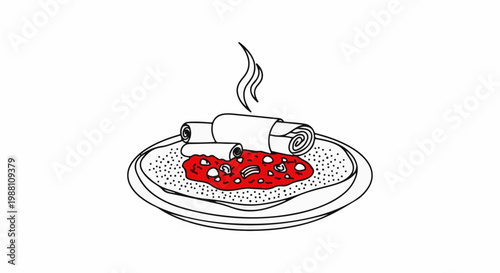 Rolled food with red sauce and steam on a plate