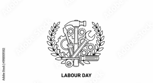 Labor Day emblem with tools, gears, and laurel wreath