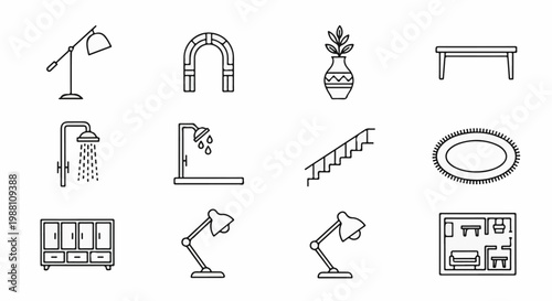 Set of line art icons depicting furniture, fixtures, and architectural elements for interiors
