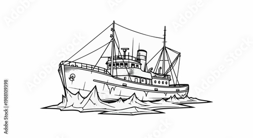 Ship navigating through icy waters, depicted in a line drawing