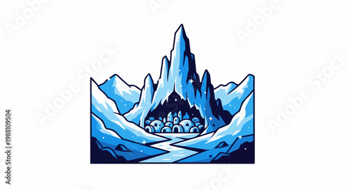 Pixel art of icy mountains with a hidden village in a cave