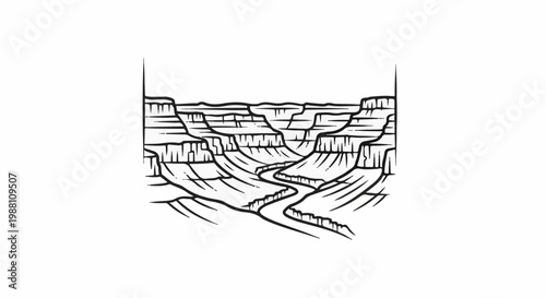 Stylized line art of a vast canyon with a winding river below