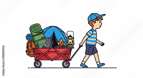 Boy pulls red wagon with camping gear including a tent, lantern, and sleeping bags