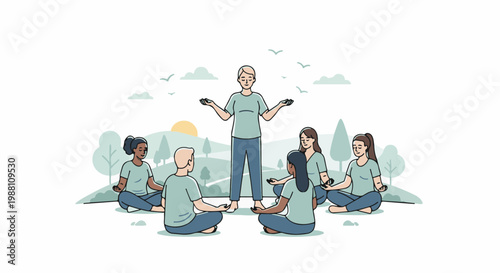 People meditating outdoors in a park setting with a leader