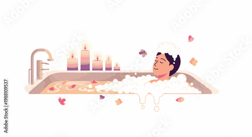 Person relaxes in a bubble bath surrounded by lit candles and floating petals