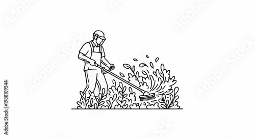 Person trimming overgrown plants with a tool