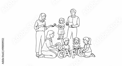 Adults teaching children alphabet blocks and cubes for learning