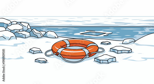 Orange life preserver on snowy shore with icy water background