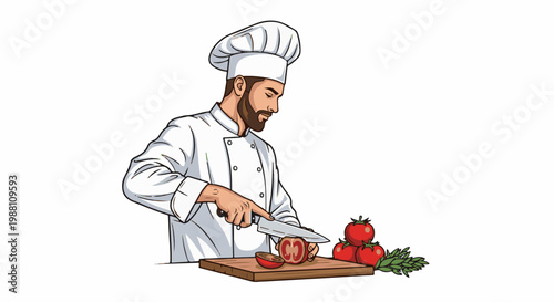 Chef in uniform chopping tomatoes on a wooden board with fresh ingredients