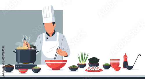 Japanese Chef Cooking Ramen Noodle in Kitchen Vector Illustration