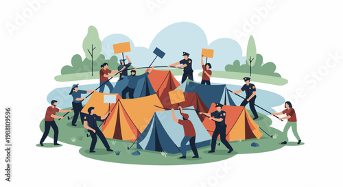 Clashing demonstration with protestors and police at tents