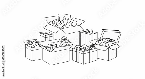 Many wrapped gift boxes overflowing with presents and decorations