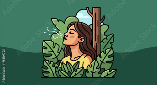 Woman breathing deeply amidst lush green foliage and a tree