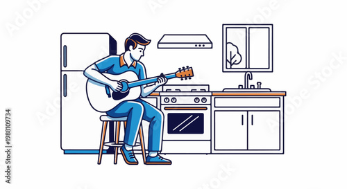 Man playing acoustic guitar in a kitchen, sitting on a stool near a fridge